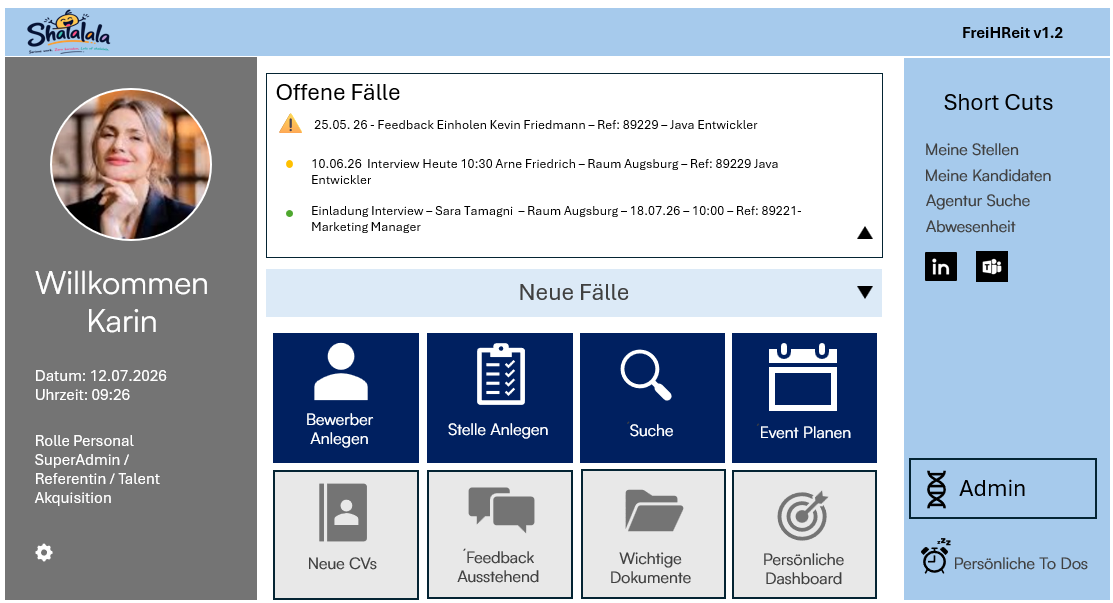 FREI-HReit Dashboard mit offenen Fällen, neuen Fällen und Schnellzugriffen