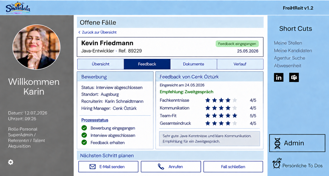 FREI-HReit Fallansicht mit Kandidatenfeedback, Bewertung und nächsten Schritten