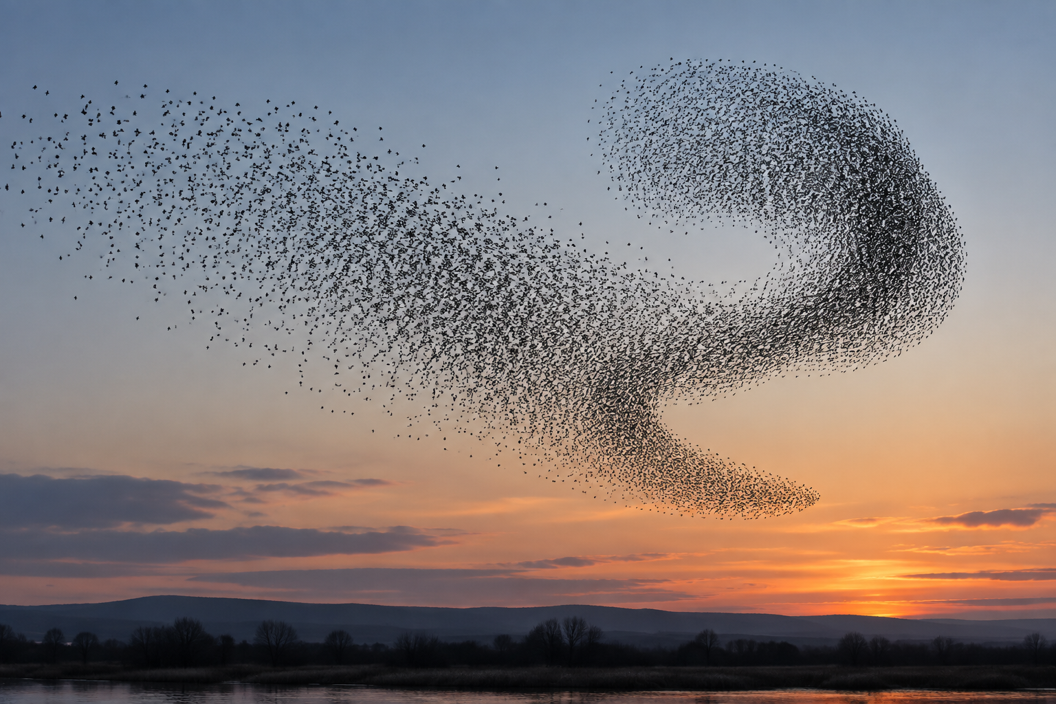 Eine große Vogelschwarmbewegung an einem weiten Himmel – die Gruppe bewegt sich erkennbar gemeinsam, einzelne Vögel bleiben aber sichtbar.