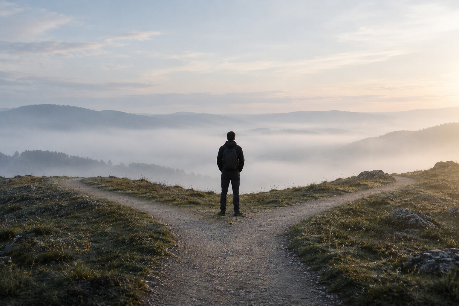 Eine einzelne Person in einer weiten, reduzierten Landschaft, vor der sich ein Weg teilt oder seine eindeutige Richtung verliert.
