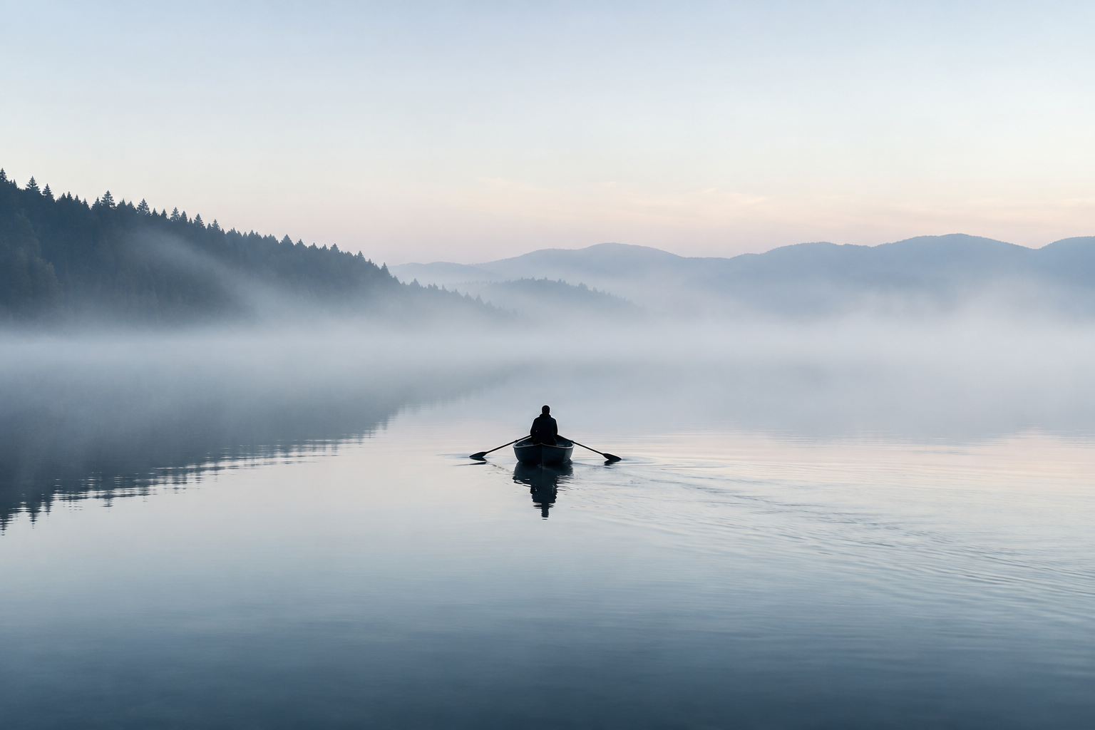 Eine einzelne Person in einem kleinen Boot auf einem ruhigen, nebligen See, umgeben von viel Landschaft und Weite.